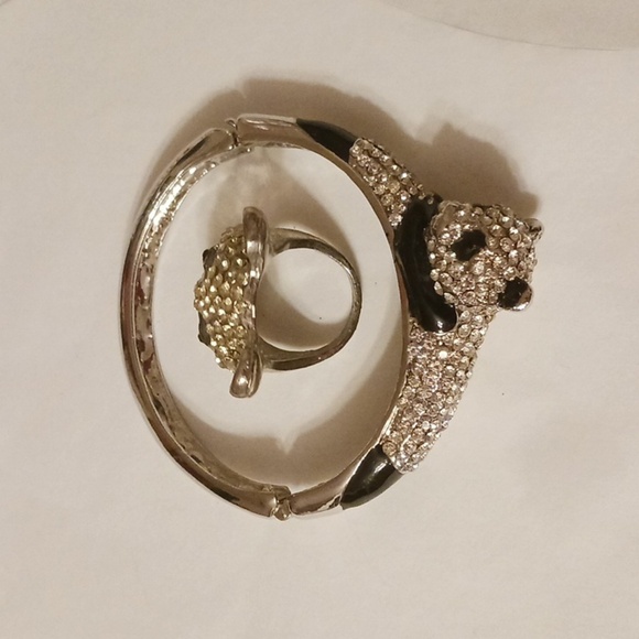 Panda Hinged Bracelet & RING Pave Black & WHITE Stainless Crystals Happy - Picture 3 of 7